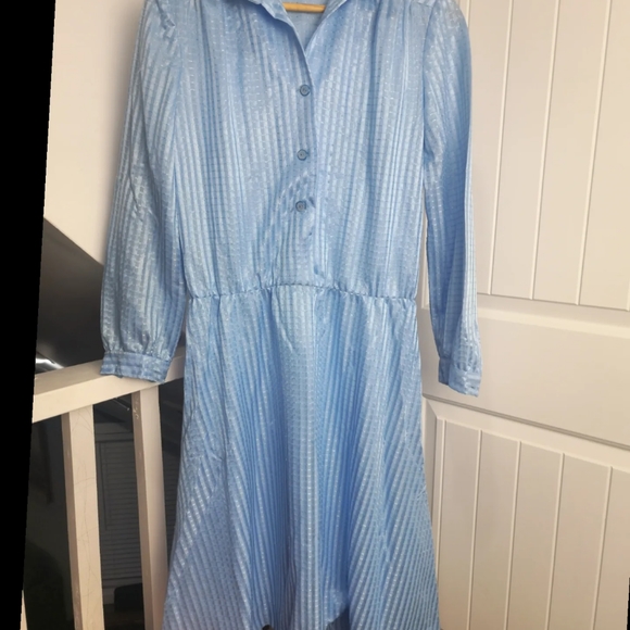True Vintage 50s 60s Baby Blue Ribbon Dress Collared Swing Womens 10* Button - Picture 6 of 9
